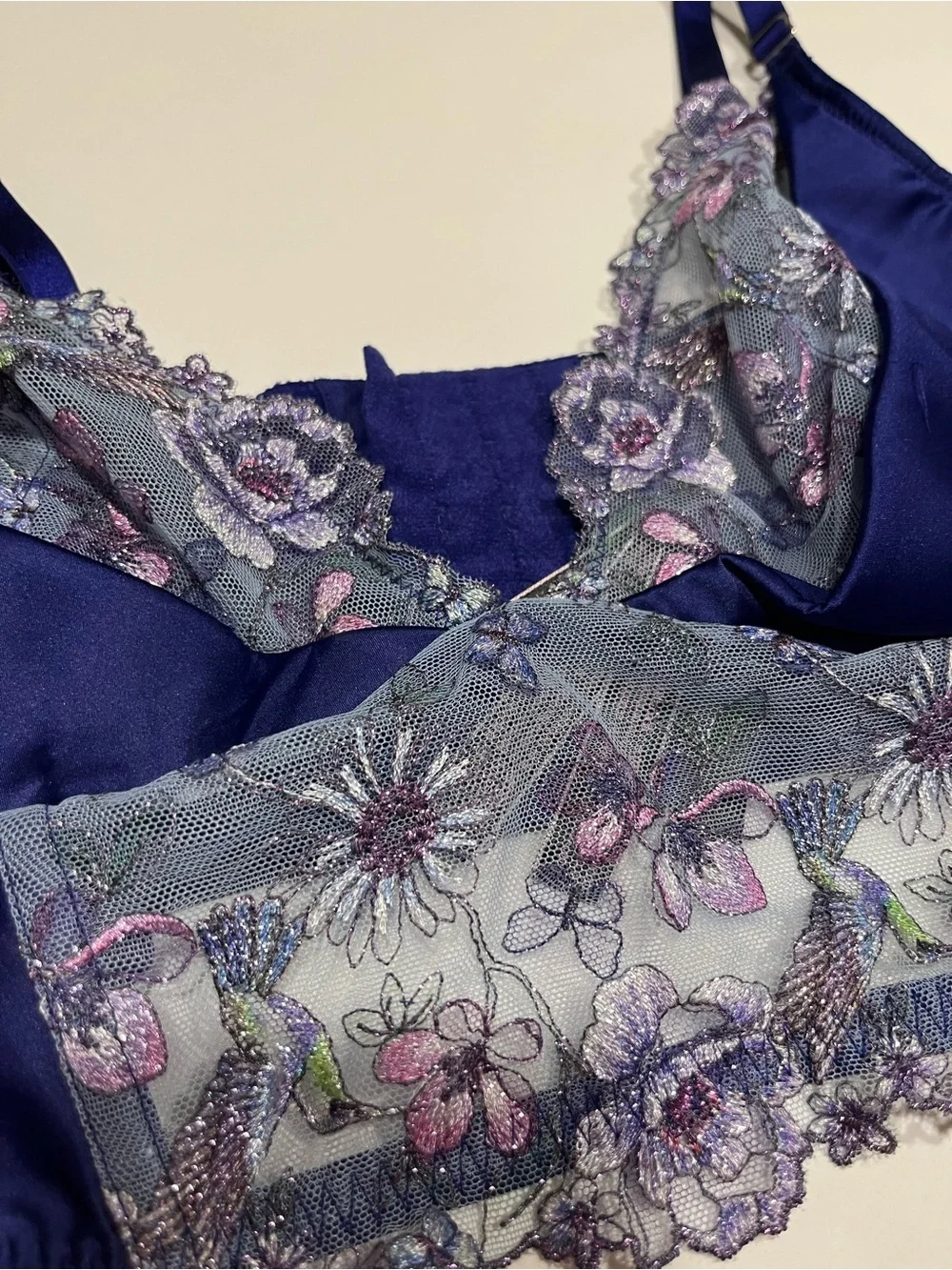 Victoria's Secret Navy Blue Satin & Floral Lace Longline Bra